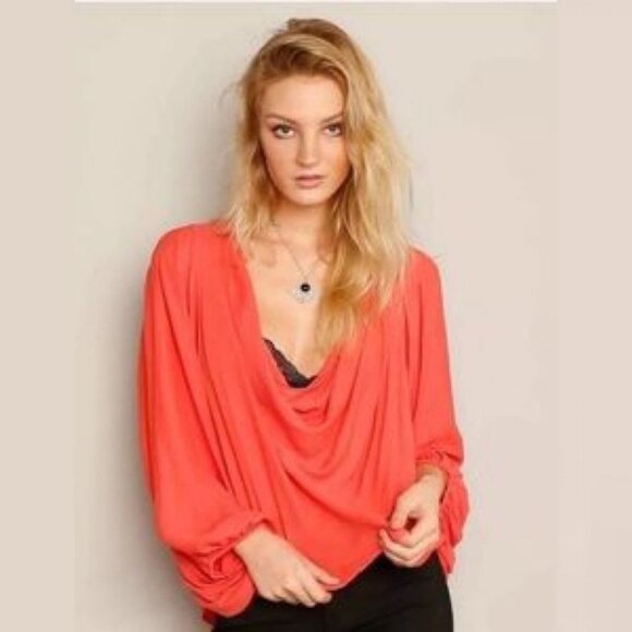 Free People Coral Pink Cowl Neck‎ Drape Blouse Top Size XS Raglan Sleeves Boho - Picture 1 of 10